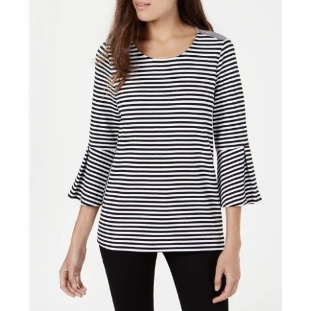 Alfani Bell Sleeve -Top Women's MEDIUM - Black White Striped Blouse Casual Work